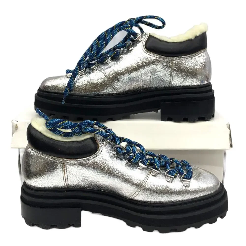 SCHUTZ Womens 7.5 Lug Sole Metallic Silver Lucille Lace Up Platform Sneaker Boot